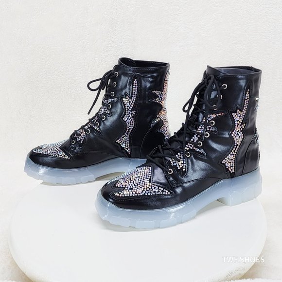 Aces Rhinestone Combat Boots Punk Goth Glam Shoes Last Ones - Picture 8 of 10